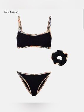 Hunza G Black Bikini Set with Beige Plaid Trim